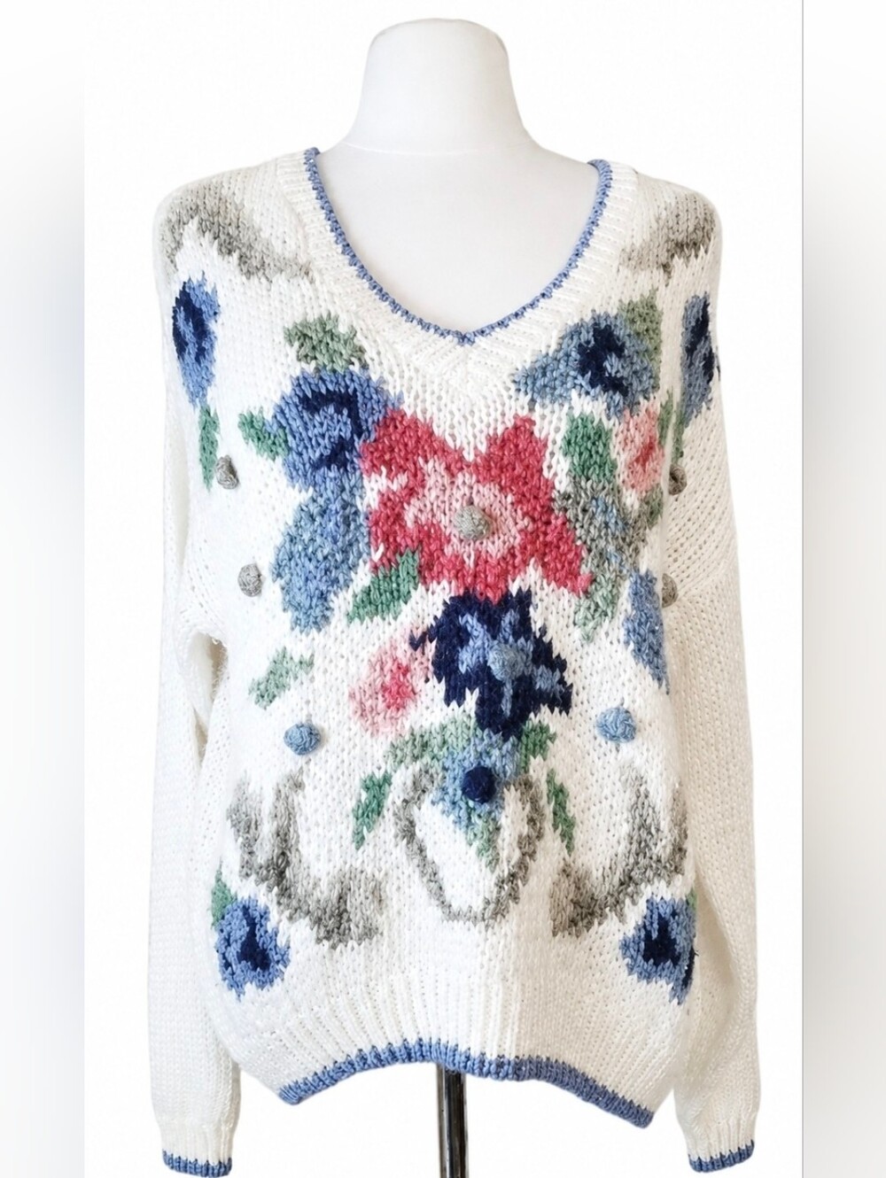 VTG Nuggets Grandmacore Blue & White Knit Floral Sweater Cottagecore Preppy- L